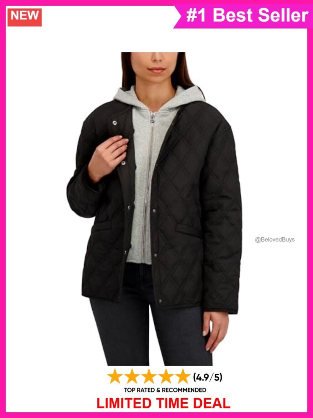 Diamond Quilted Bib Jacket Snap Front Hooded Removable Insert